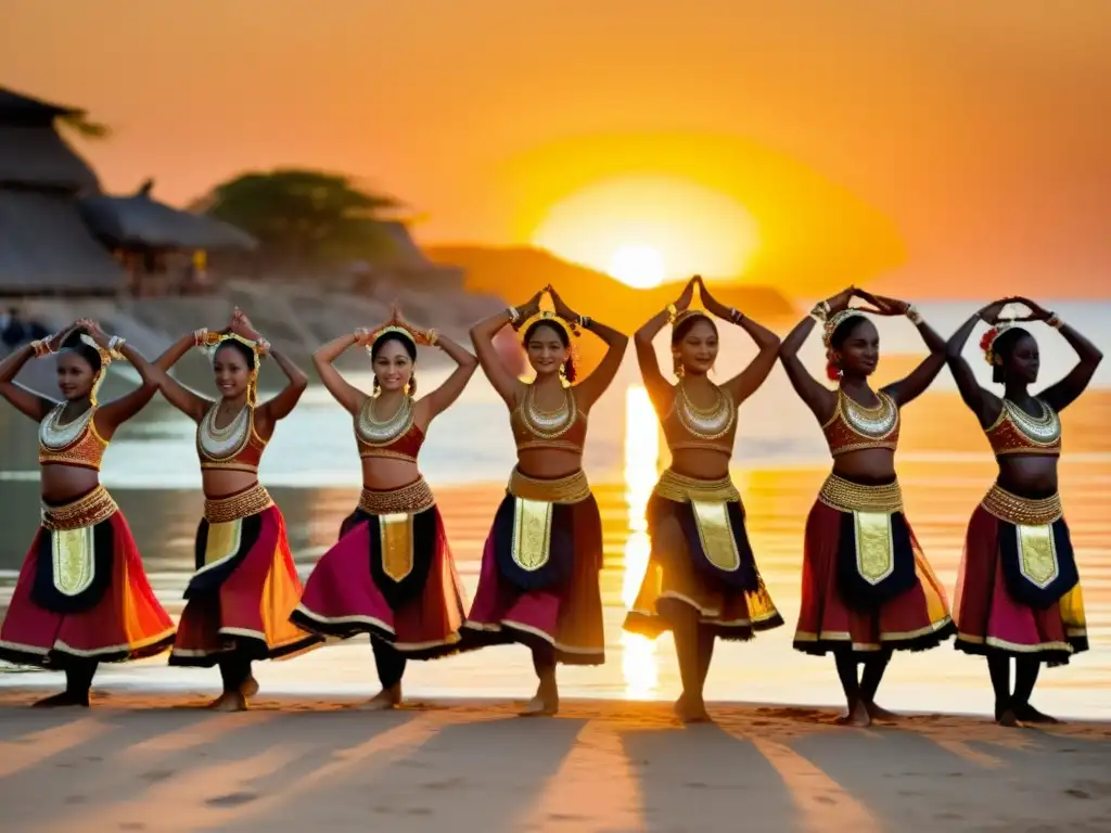 Un grupo de bailarines tradicionales realiza una danza sincronizada al atardecer, con trajes coloridos y expresiones apasionadas