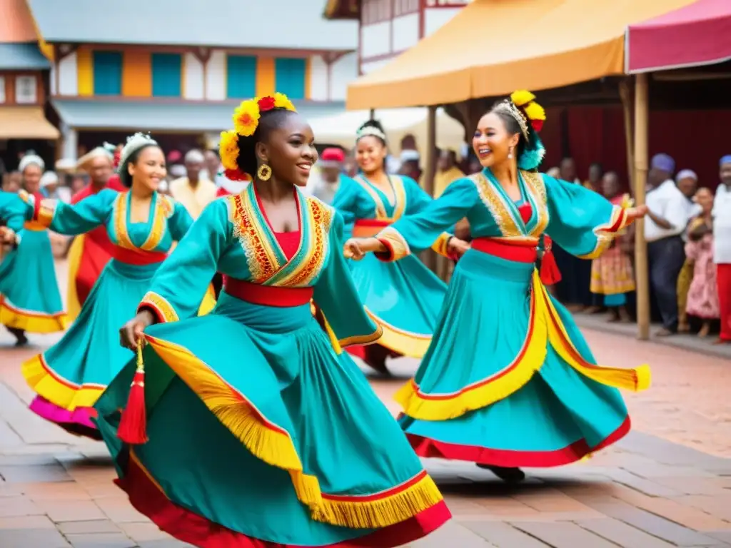 Un grupo de bailarines tradicionales realiza una danza vibrante en una bulliciosa plaza