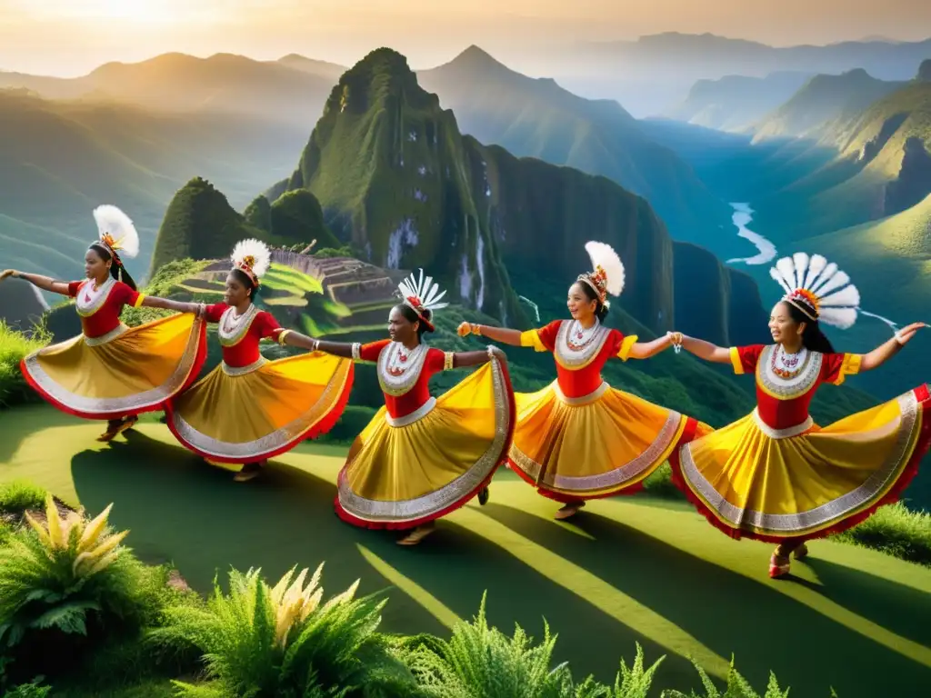 Grupo de bailarines tradicionales protegiendo danzas mediante políticas, danza llena de pasión y dedicación en paisaje exuberante