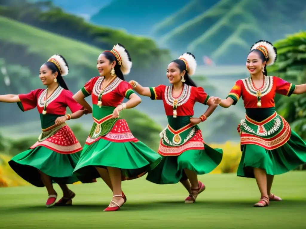 Grupo de bailarines tradicionales realizando danzas dinámicas en un paisaje verde exuberante