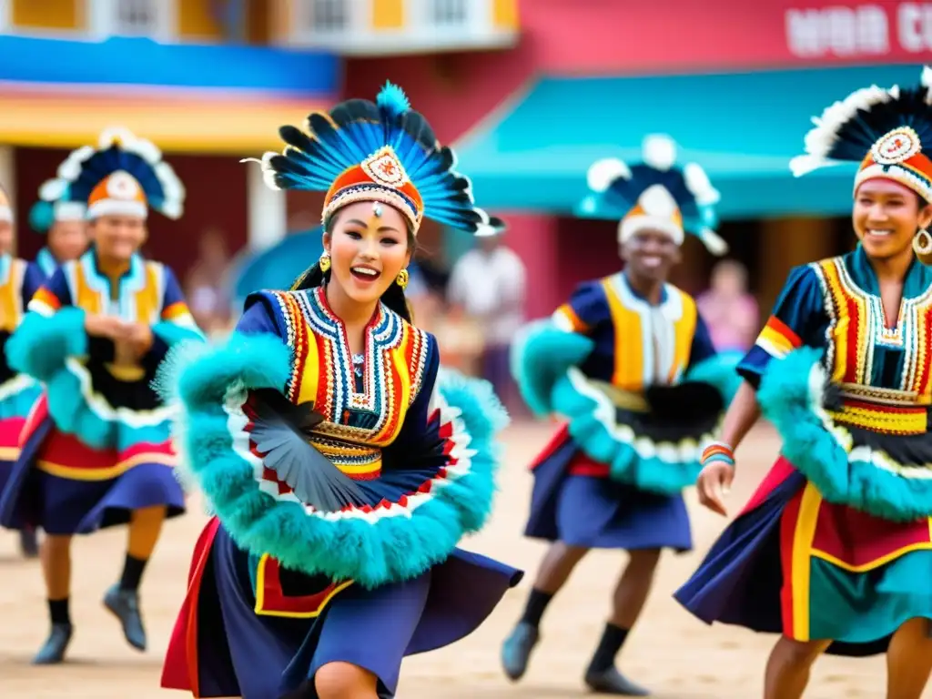 Grupo de bailarines tradicionales deslumbrantes, llenos de energía y color, revitalizando la importancia de las suscripciones de danza