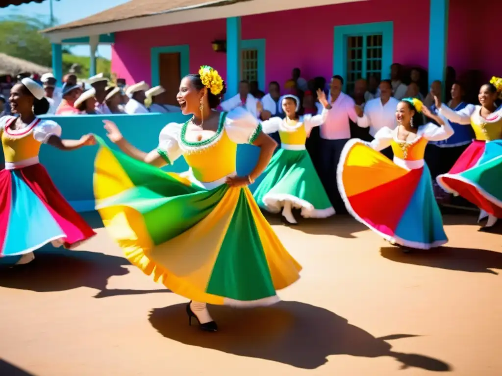 Grupo de bailarines tradicionales dominicanos en vibrante escenario, celebrando la historia del merengue como baile tradicional