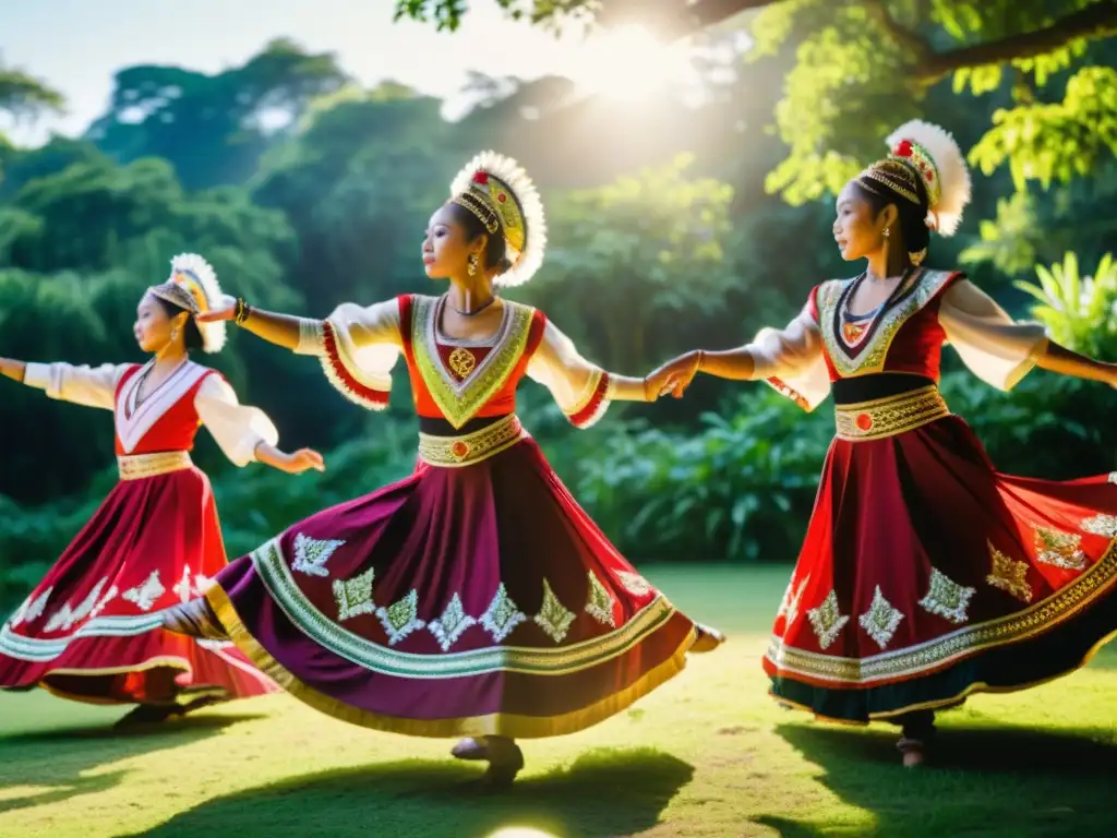 Grupo de bailarines tradicionales practicando con energía y gracia en un claro soleado, rodeados de exuberante vegetación