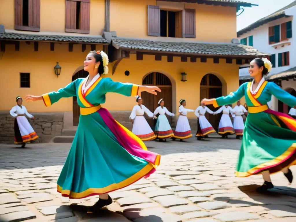 Grupo de bailarines tradicionales adaptando entrenamiento danzas en la plaza del pueblo al atardecer