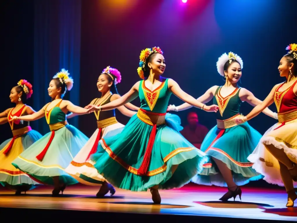 Grupo de bailarines tradicionales en un escenario iluminado, cautivando al público con su danza