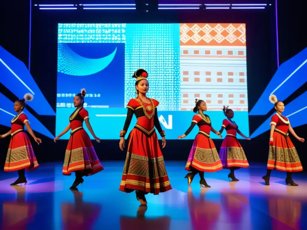 Grupo de bailarines tradicionales en un escenario futurista con símbolos culturales en pantallas digitales