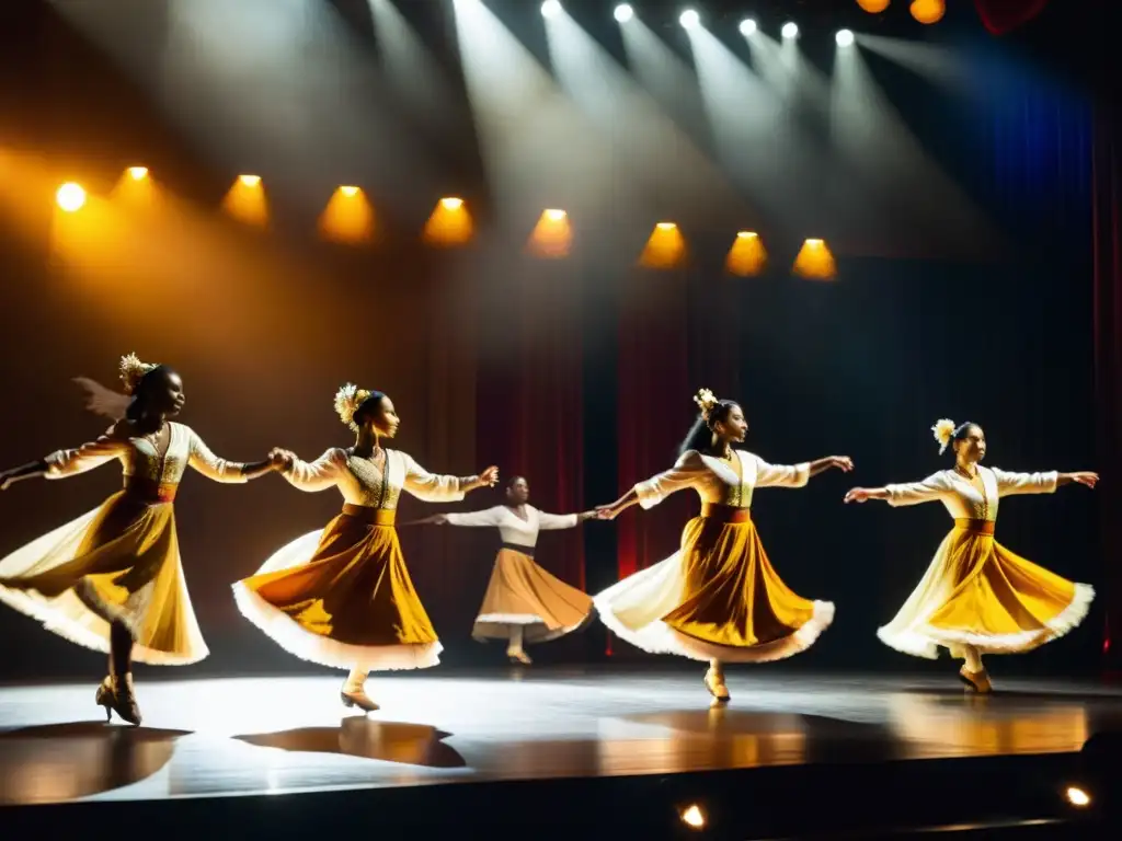 Un grupo de bailarines tradicionales se mueven graciosamente en un escenario tenue, sus trajes vibrantes iluminados por suaves focos