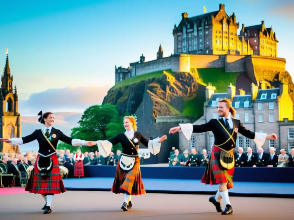 Un grupo de bailarines tradicionales escoceses en pleno Festival de Danza de Edimburgo significado cultural, desplegando su arte con pasión y orgullo