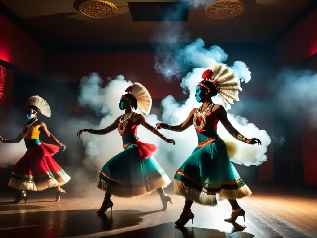 Grupo de bailarines tradicionales en un espacio atmosférico, con vestuarios vibrantes y movimientos dinámicos