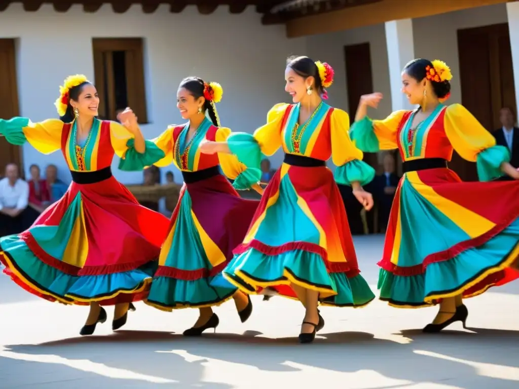 Un grupo de bailarines tradicionales españoles con trajes coloridos y castañuelas, interpretando una rutina animada