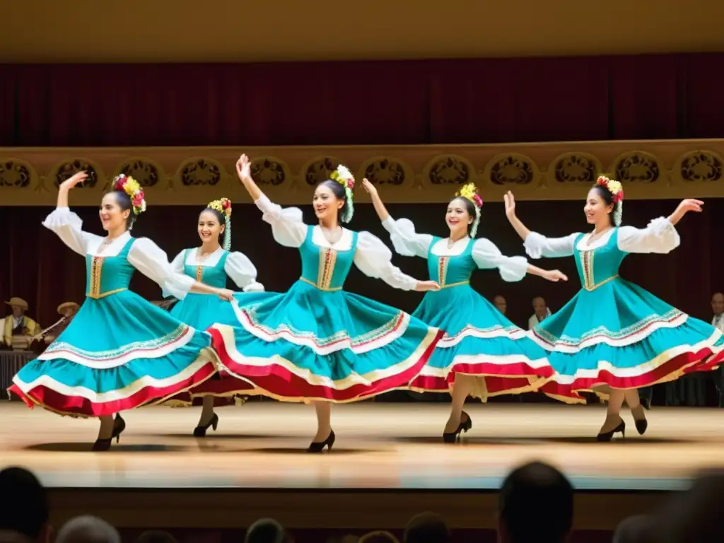 Grupo de bailarines tradicionales españoles en un vibrante baile de zarzuela, exudando pasión y gracia en el escenario grandioso