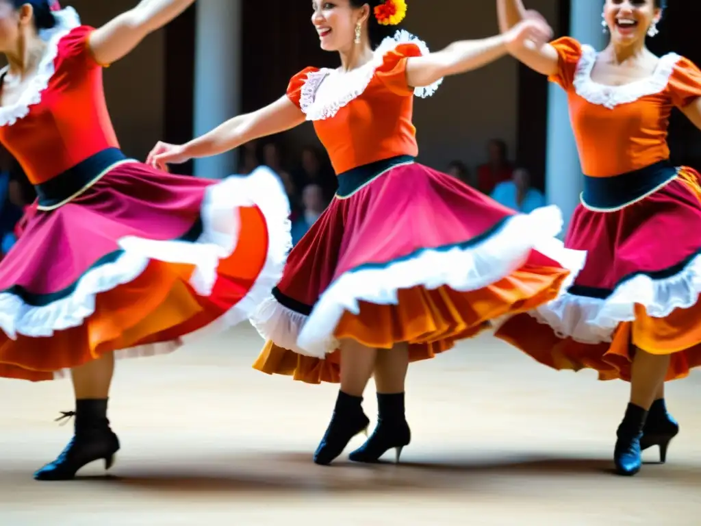 Un grupo de bailarines tradicionales españoles danzan con pasión la seguidilla manchega en trajes vibrantes, en una plaza rústica al sol