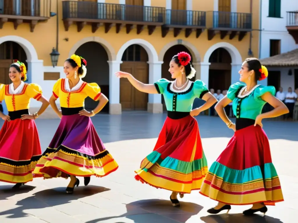 Un grupo de bailarines tradicionales españoles realizando la animada y enérgica danza Jota en trajes vibrantes