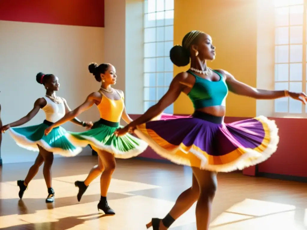 Un grupo de bailarines tradicionales practicando en un estudio soleado, con trajes coloridos y movimientos sincronizados