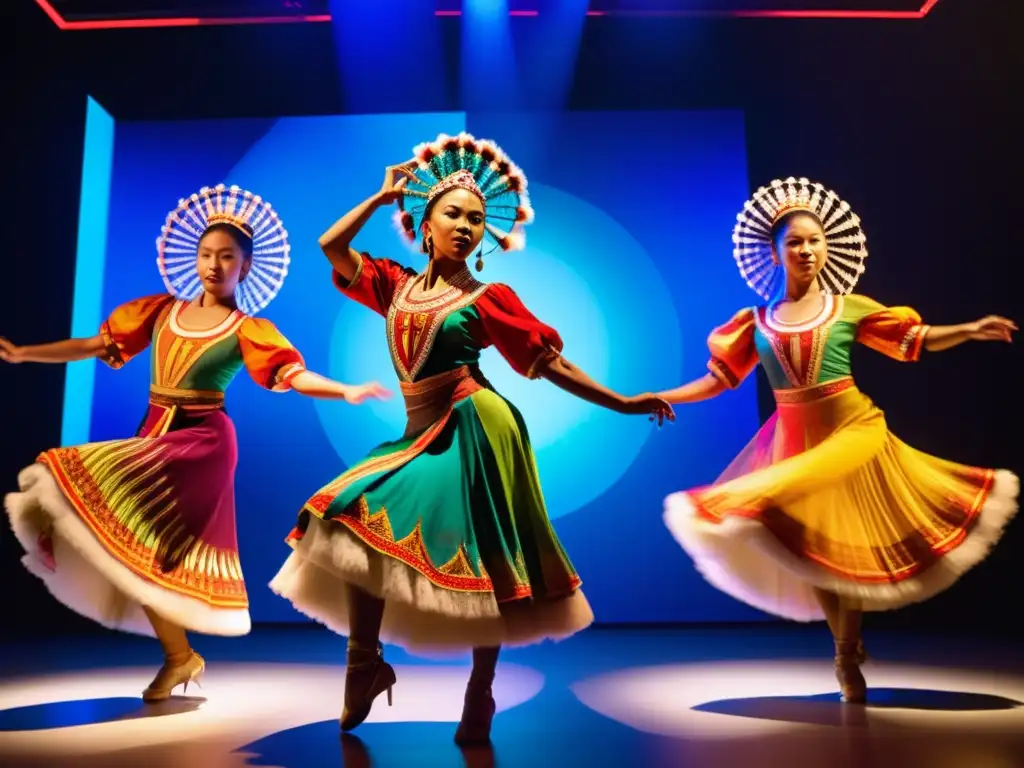 Grupo de bailarines tradicionales en un estudio digital con efectos de iluminación de alta tecnología