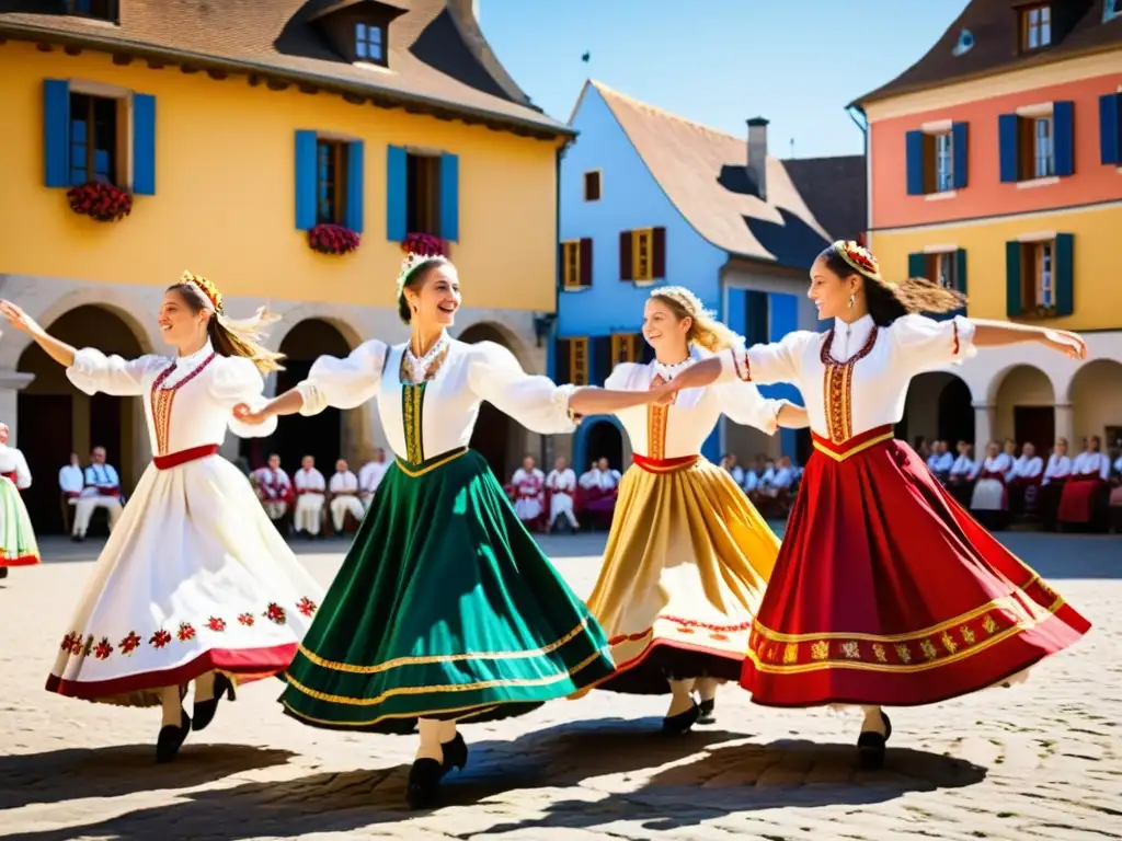 Un grupo de bailarines tradicionales europeos realiza una vibrante rutina en una plaza soleada