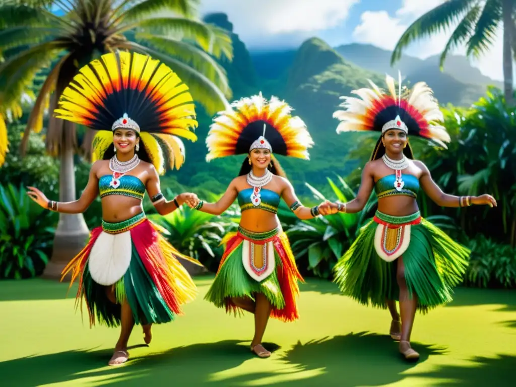 Grupo de bailarines tradicionales de Oceanía danzando en un exuberante paisaje tropical