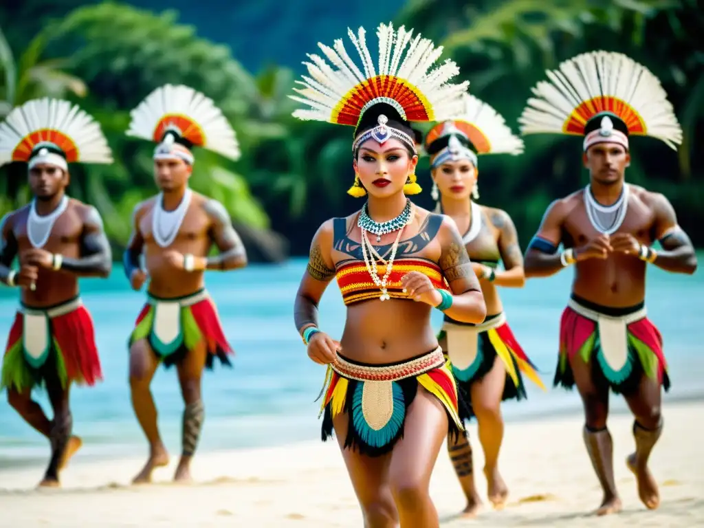 Grupo de bailarines tradicionales de Oceanía danzando en un festival, con trajes vibrantes y movimientos llenos de gracia