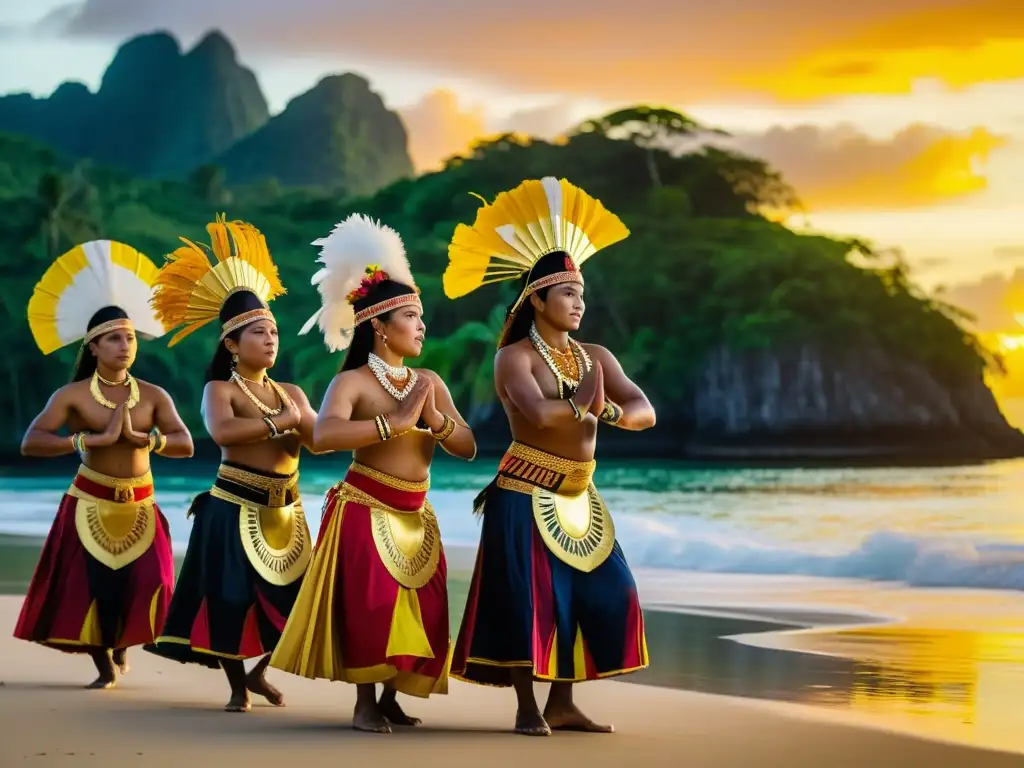 Grupo de bailarines tradicionales de Palau danzando en un festival Belau, con atuendos vibrantes y escenario de playa al atardecer