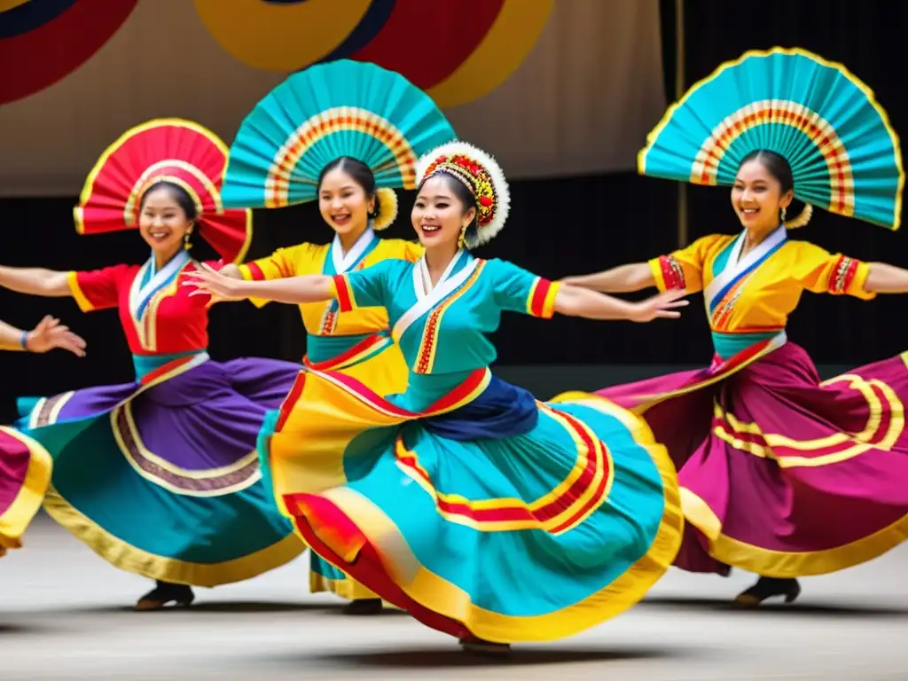 Grupo de bailarines tradicionales en festival, transmitiendo calidad en danzas con pasión y energía contagiosa