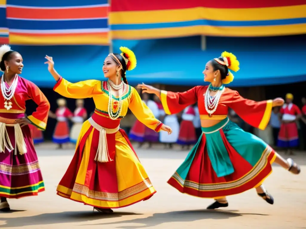 Grupo de bailarines tradicionales en festival cultural, transmitiendo autenticidad y pasión en sus movimientos