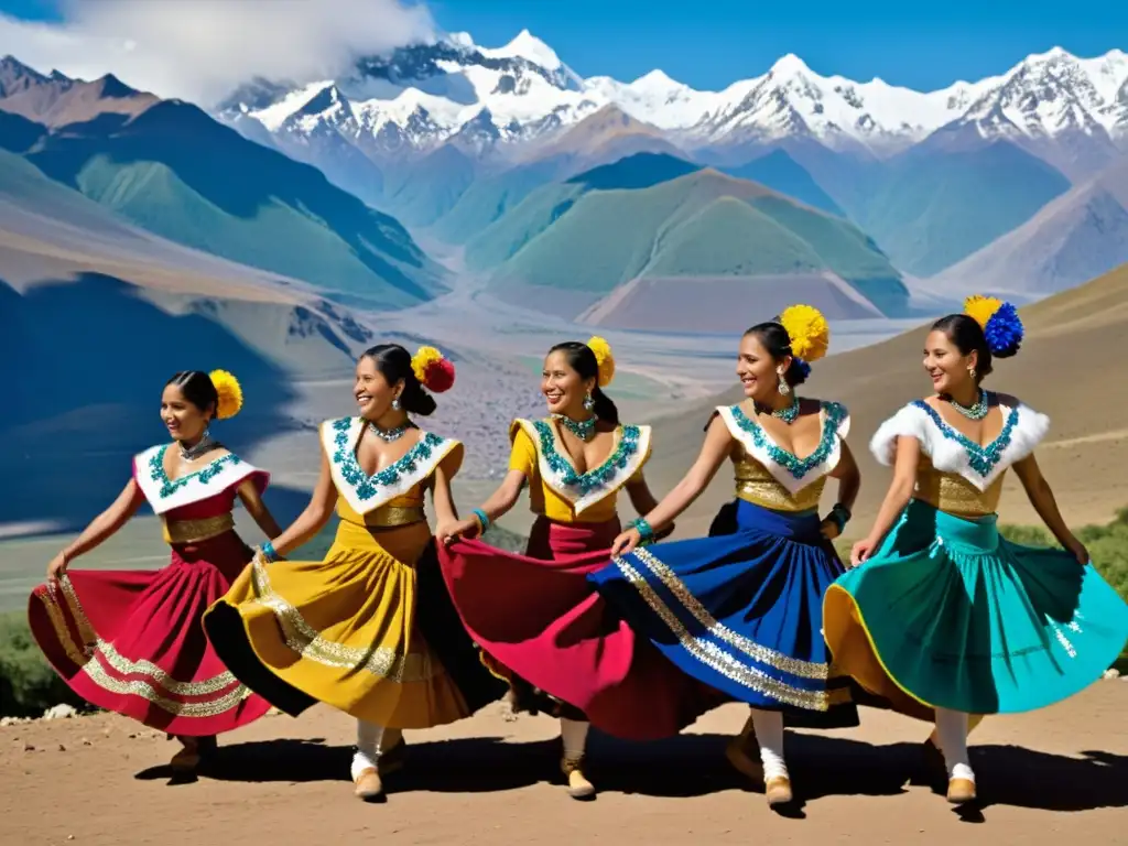 Un grupo de bailarines tradicionales del Festival de Mendoza ejecutan una danza sincronizada y enérgica, con los Andes de fondo