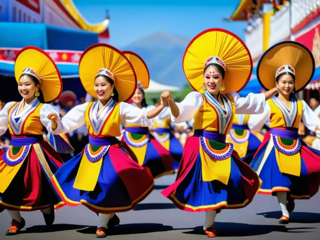 Un grupo de bailarines tradicionales en un festival, realizando una danza con movimientos elegantes y trajes vibrantes