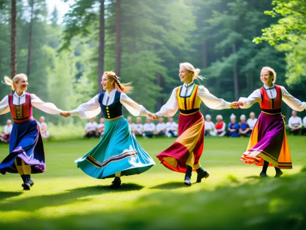 Grupo de bailarines tradicionales finlandeses en el Festival de Folklore de Kaustinen, realizando una animada rutina en un claro soleado entre árboles verdes