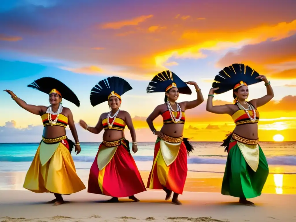 Grupo de bailarines tradicionales de Wallis y Futuna realizando una danza fascinante al atardecer en la playa