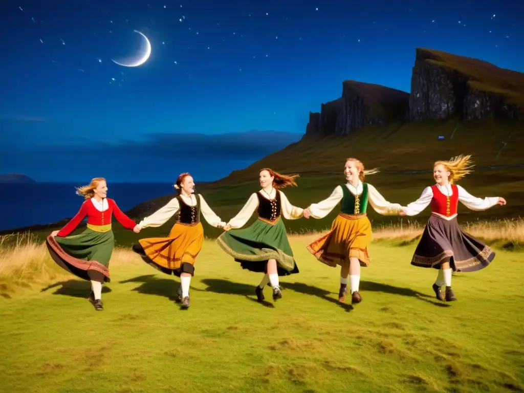 Grupo de bailarines tradicionales gaélicos danzando bajo la noche estrellada en el festival de danza Skye