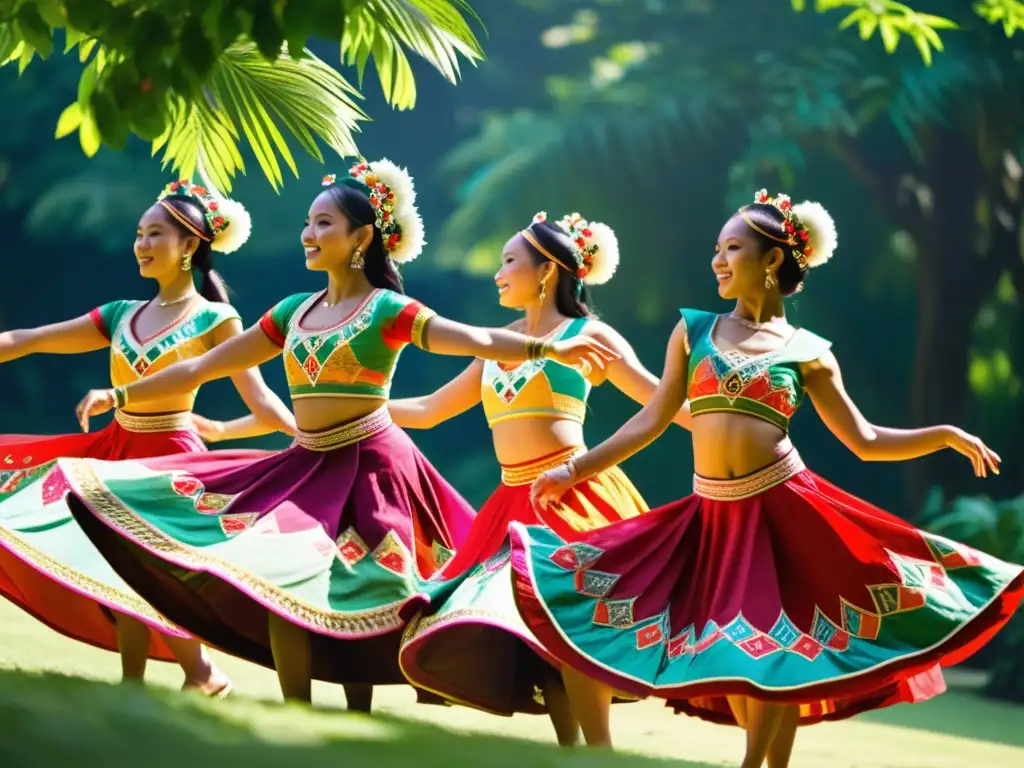 Grupo de bailarines tradicionales realizando giros y movimientos en trajes vibrantes en un claro soleado rodeado de exuberante vegetación