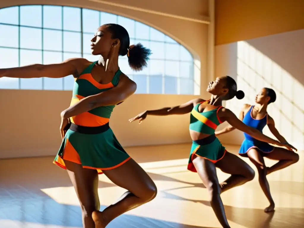 Un grupo de bailarines tradicionales se estiran con gracia en un estudio iluminado por el sol, preparándose para una actuación