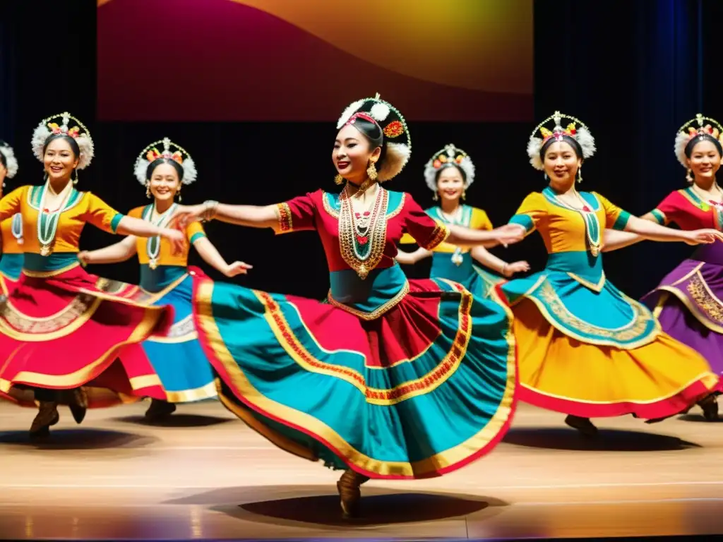 Grupo de bailarines tradicionales danzando con pasión y gracia, capturados en una presentación mientras el público refleja admiración