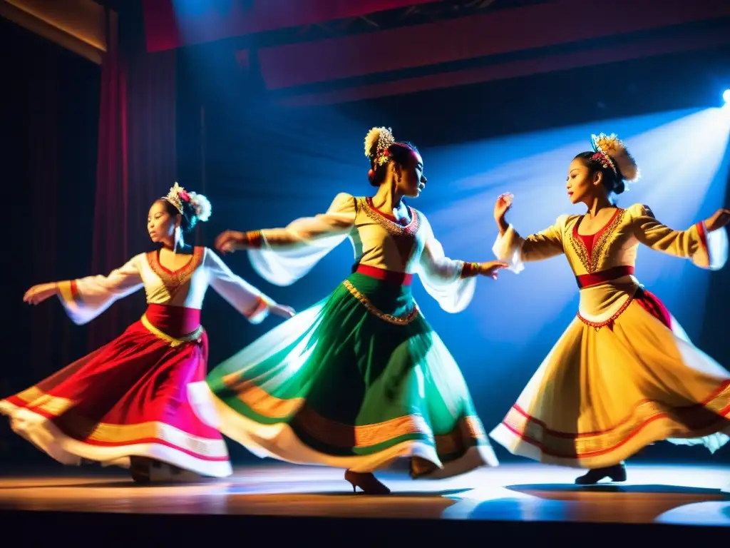 Grupo de bailarines tradicionales ejecutan con gracia movimientos en escenario, destacando técnicas de enseñanza de danza tradicional