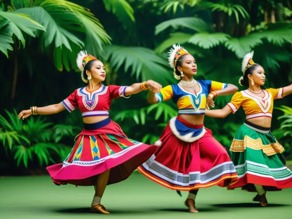 Un grupo de bailarines tradicionales danzando con gracia en trajes vibrantes, en un entorno cultural