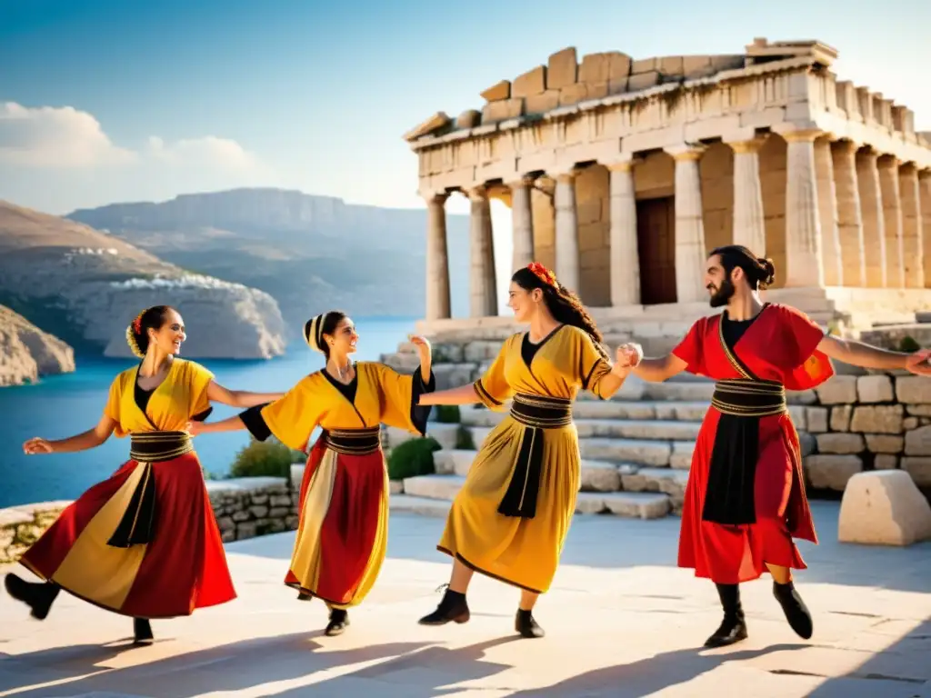Grupo de bailarines tradicionales griegos en vibrantes trajes, realizando la enérgica danza de rebetiko en un entorno de arquitectura antigua