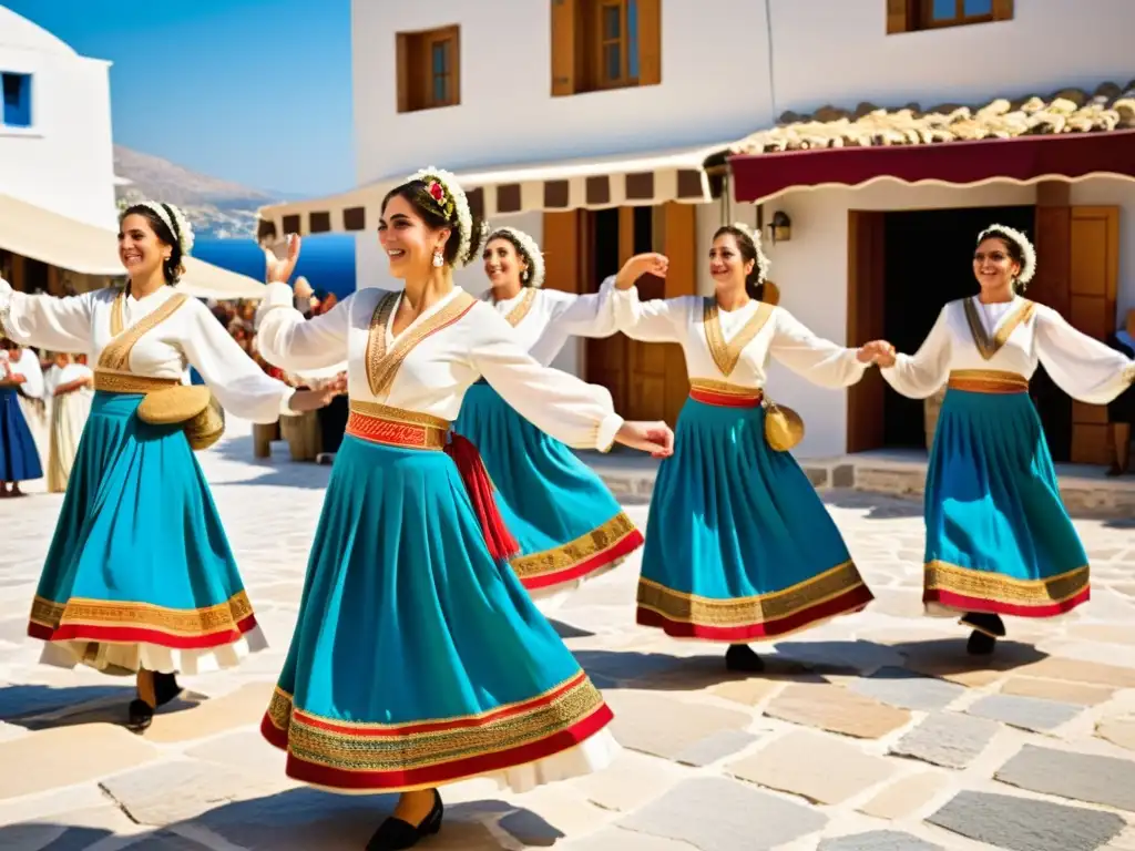 Grupo de bailarines tradicionales griegos danzando el Sirtaki en una plaza soleada, evocando la riqueza cultural y el espíritu comunitario griego