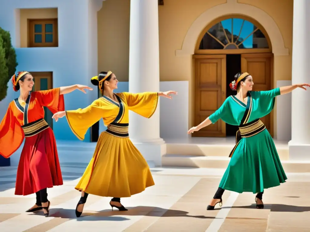 Grupo de bailarines tradicionales griegos realizando la animada danza Sirtaki en una plaza soleada, mostrando la belleza de las danzas tradicionales griegas sirtaki educativos