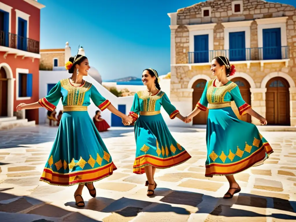 Un grupo de bailarines tradicionales griegos ejecutando una animada danza en una plaza empedrada al atardecer, capturando la esencia de aprender danzas tradicionales griegas