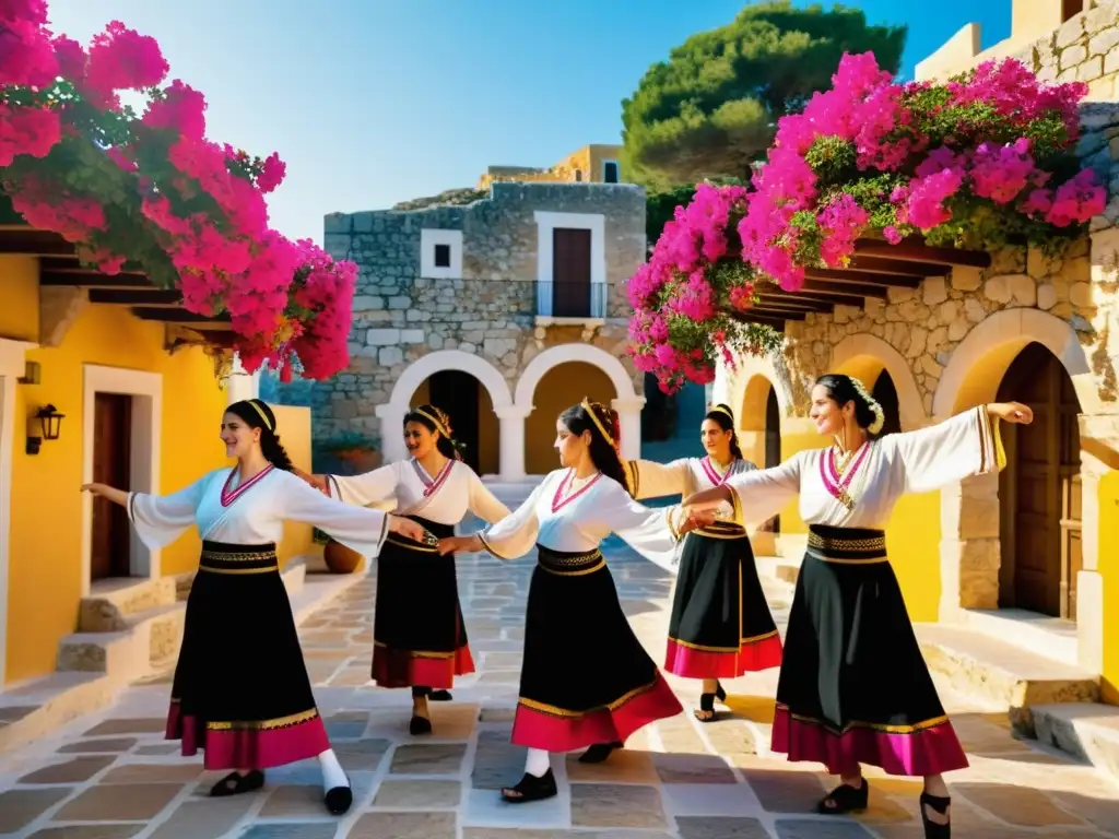 Grupo de bailarines tradicionales griegos danzando al aire libre en una plaza pintoresca