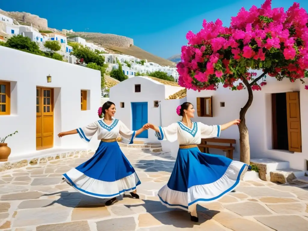 Grupo de bailarines tradicionales griegos realizando la danza Sirtaki en una plaza pintoresca