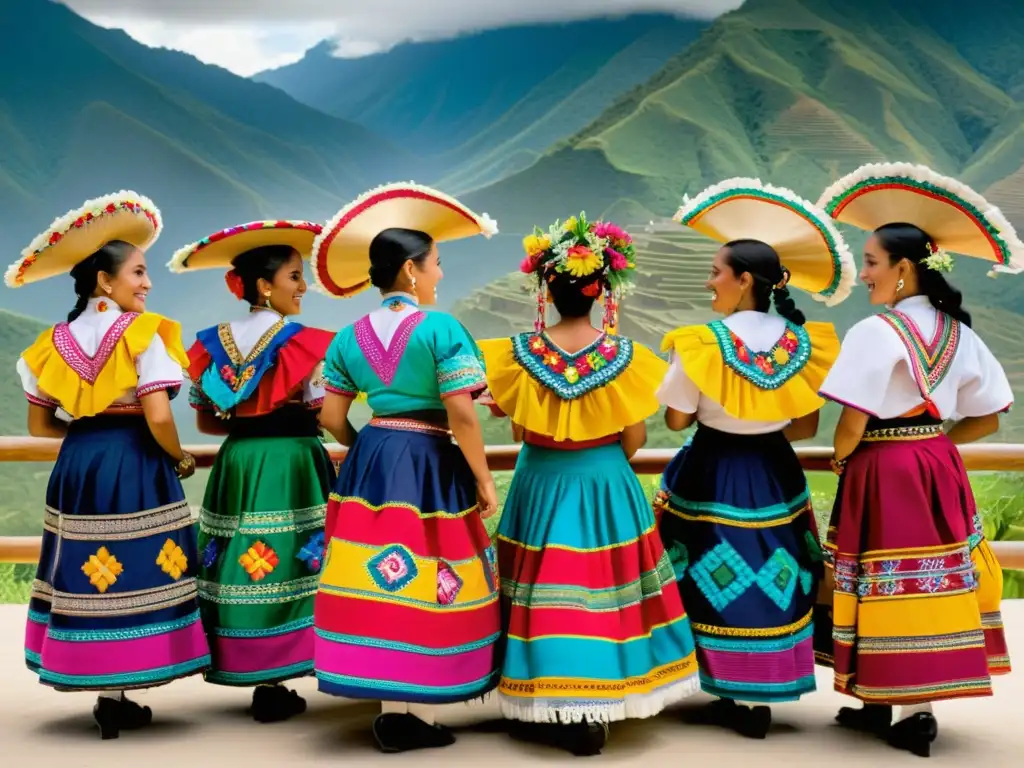 Grupo de bailarines tradicionales guatemaltecos danzando con trajes coloridos, mostrando el significado de los trajes típicos en la danza de Guatemala