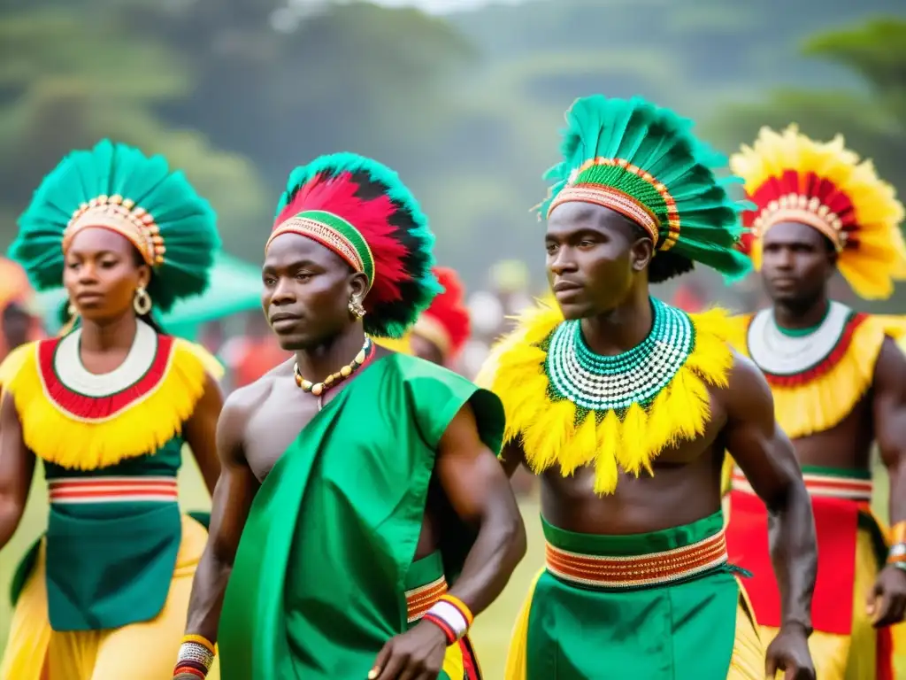 Grupo de bailarines tradicionales guineanos con trajes vibrantes y coloridos, moviéndose al ritmo de la banda sonora de danzas étnicas de Guinea