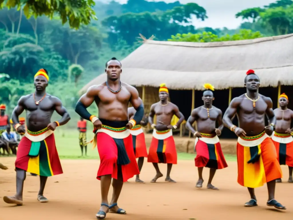 Grupo de bailarines tradicionales guineanos realizando las danzas Yankadi y Macru con trajes coloridos, movimientos rítmicos y fondo verde exuberante