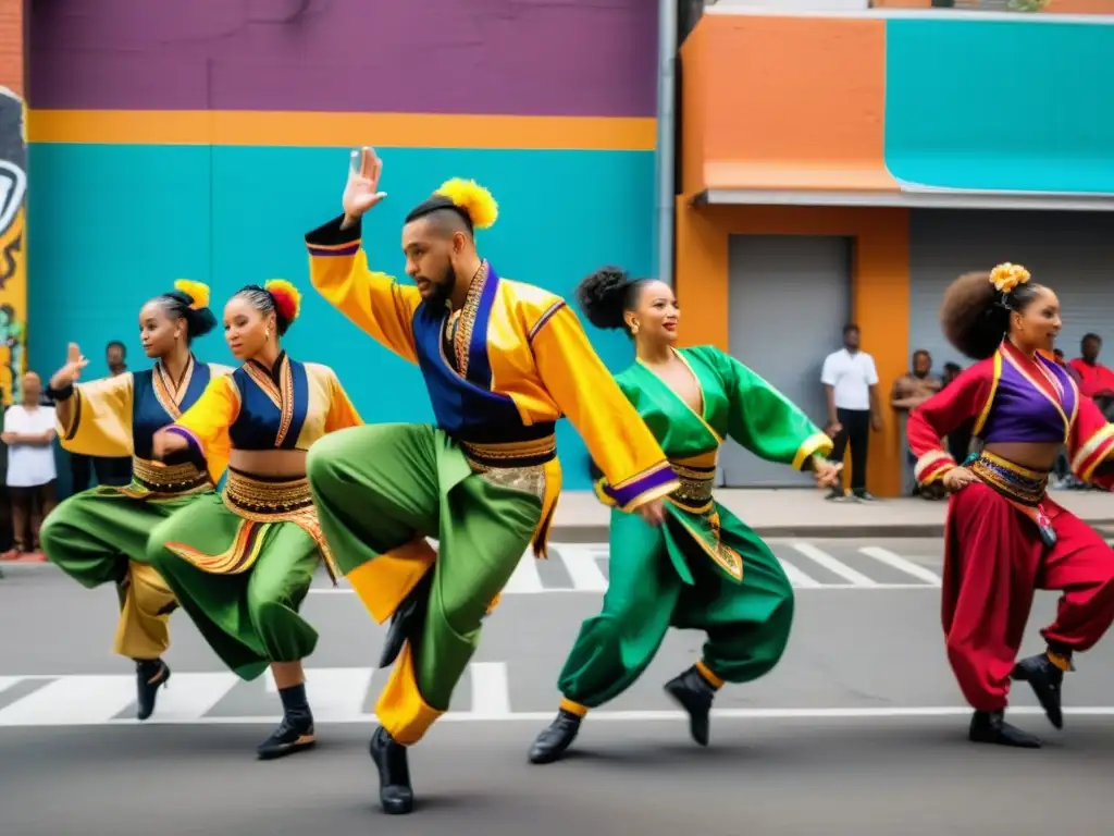 Grupo de bailarines tradicionales y hip hop en vibrante actuación callejera