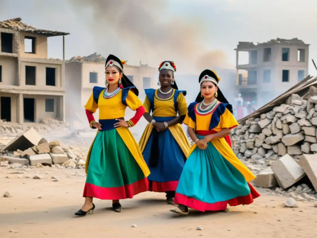 Grupo de bailarines tradicionales enfrentando el impacto cultural de conflictos, danzando entre escombros con determinación y coloridos trajes