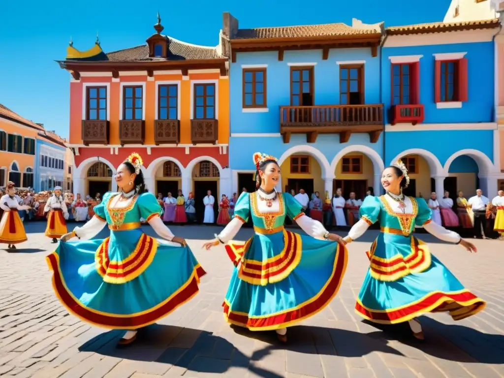 Grupo de bailarines tradicionales con impacto turismo cultural danza, realizando una enérgica rutina en plaza histórica