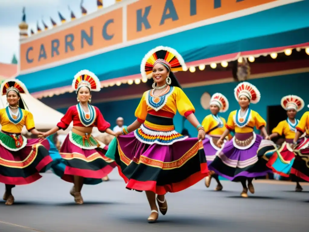 Grupo de bailarines tradicionales celebrando la Importancia de los ritmos autóctonos en un bullicioso mercado vibrante