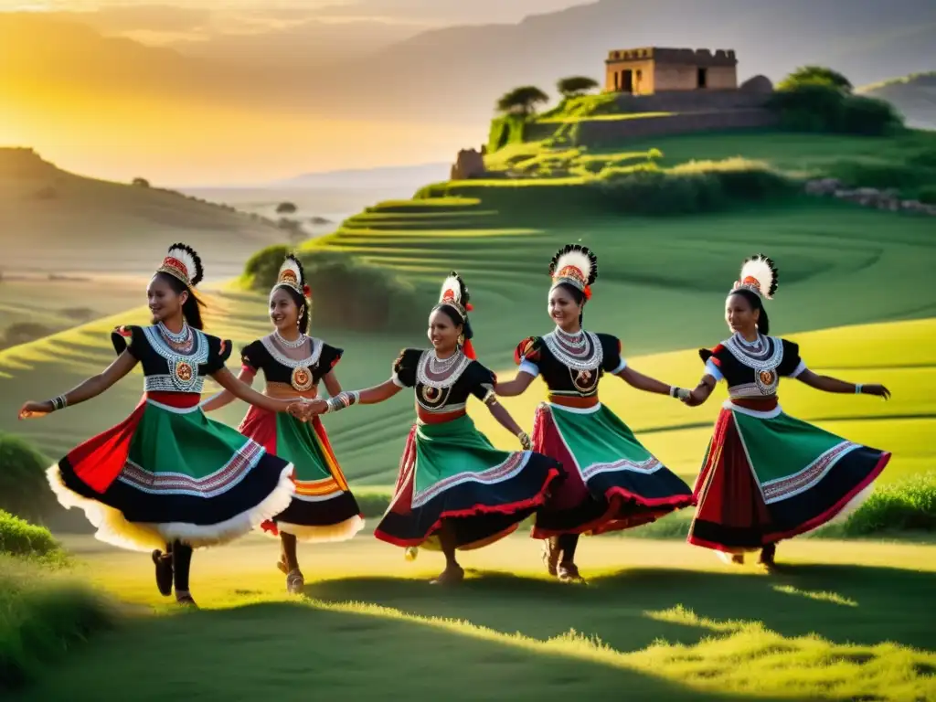 Un grupo de bailarines tradicionales realizan una impresionante danza al atardecer, destacando la importancia de la danza tradicional en la cultura