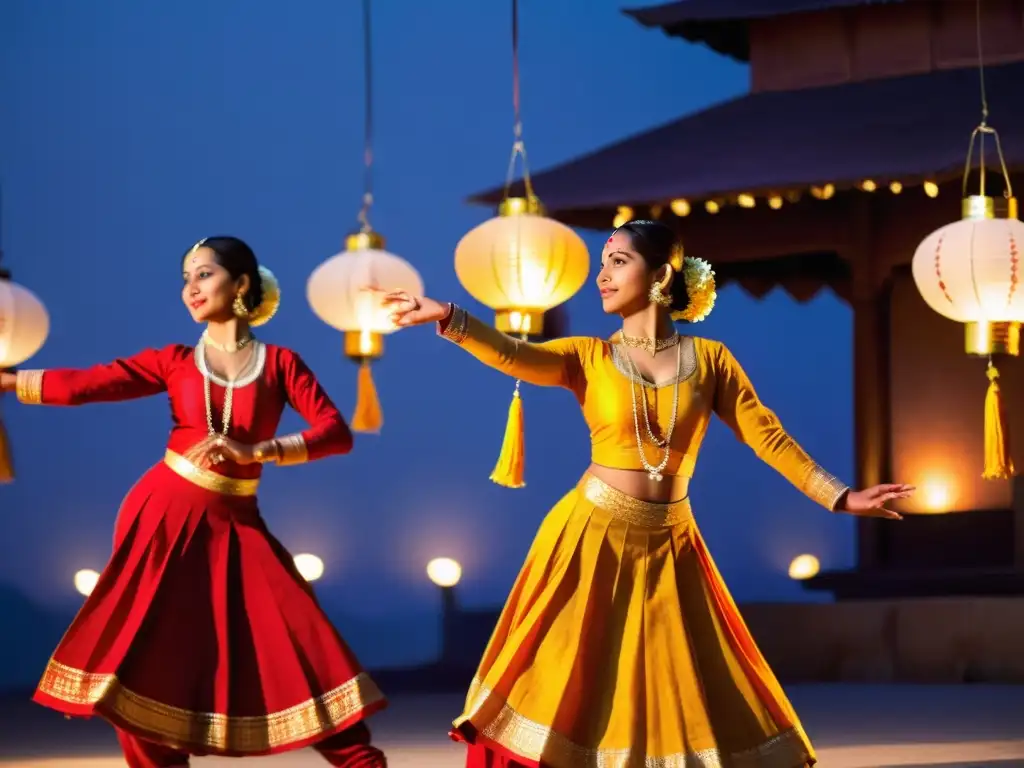 Un grupo de bailarines de Kathak tradicionales de la India realizando una danza bajo la suave luz de linternas tradicionales, evocando el significado cultural de danzas tradicionales